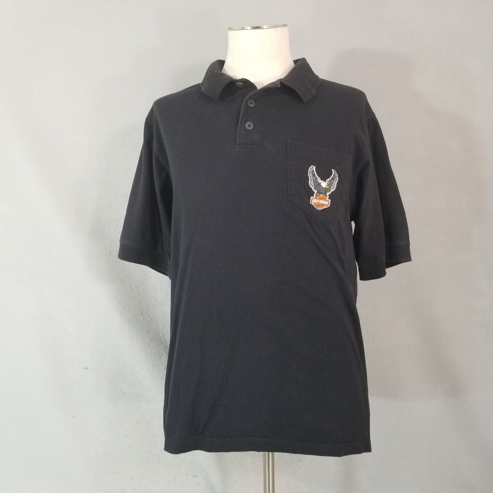 Harley-Davidson Polo Shirt Men Large Black Eagle Logo Biker Cotton Short Sleeve